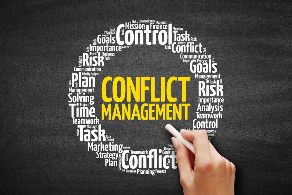 Conflict Management word cloud, business concept background on blackboard